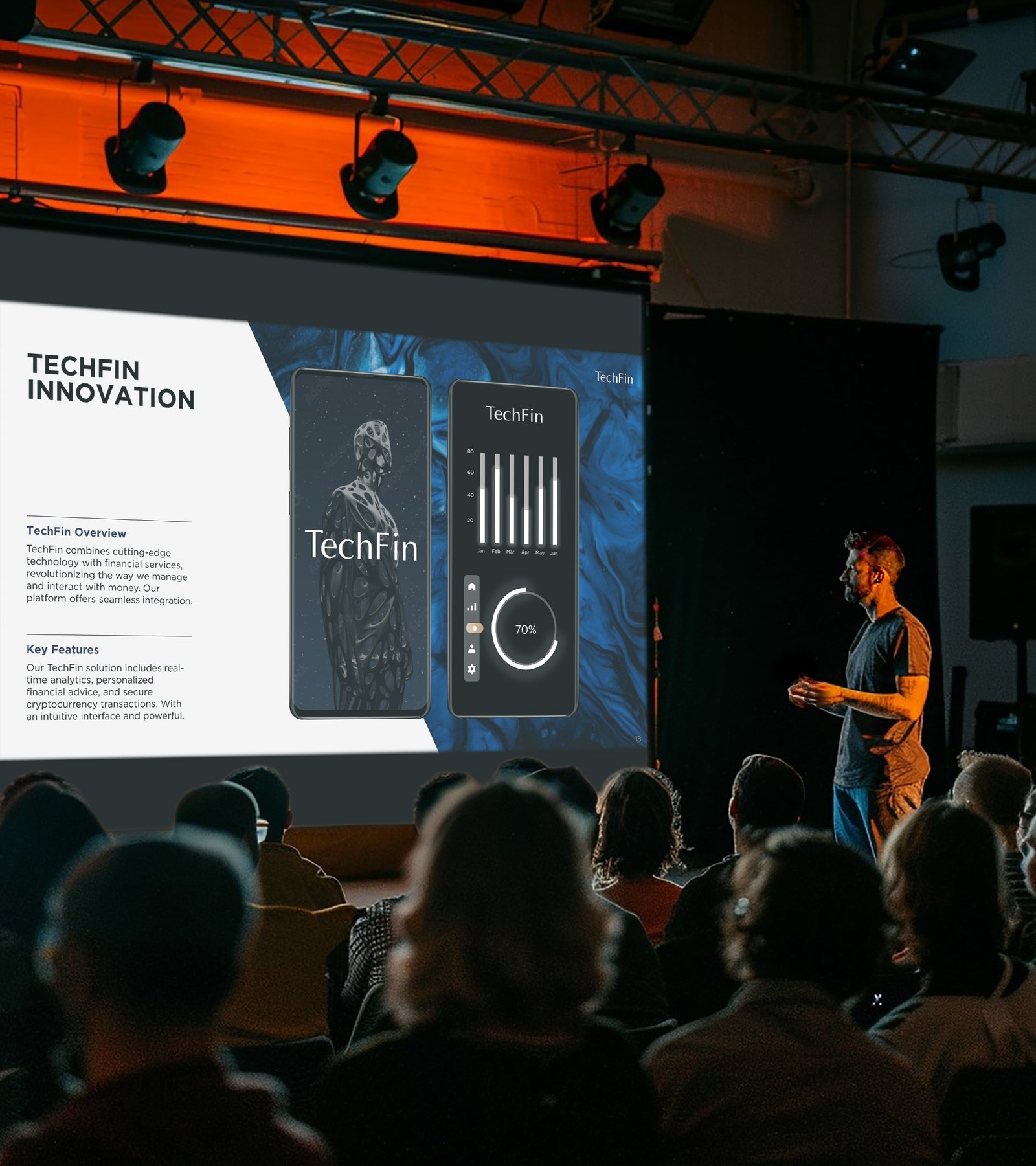 A presenter at a tech conference discussing innovative financial technology solutions to a captivated audience, highlighted by effective slide design from a leading presentation design services company