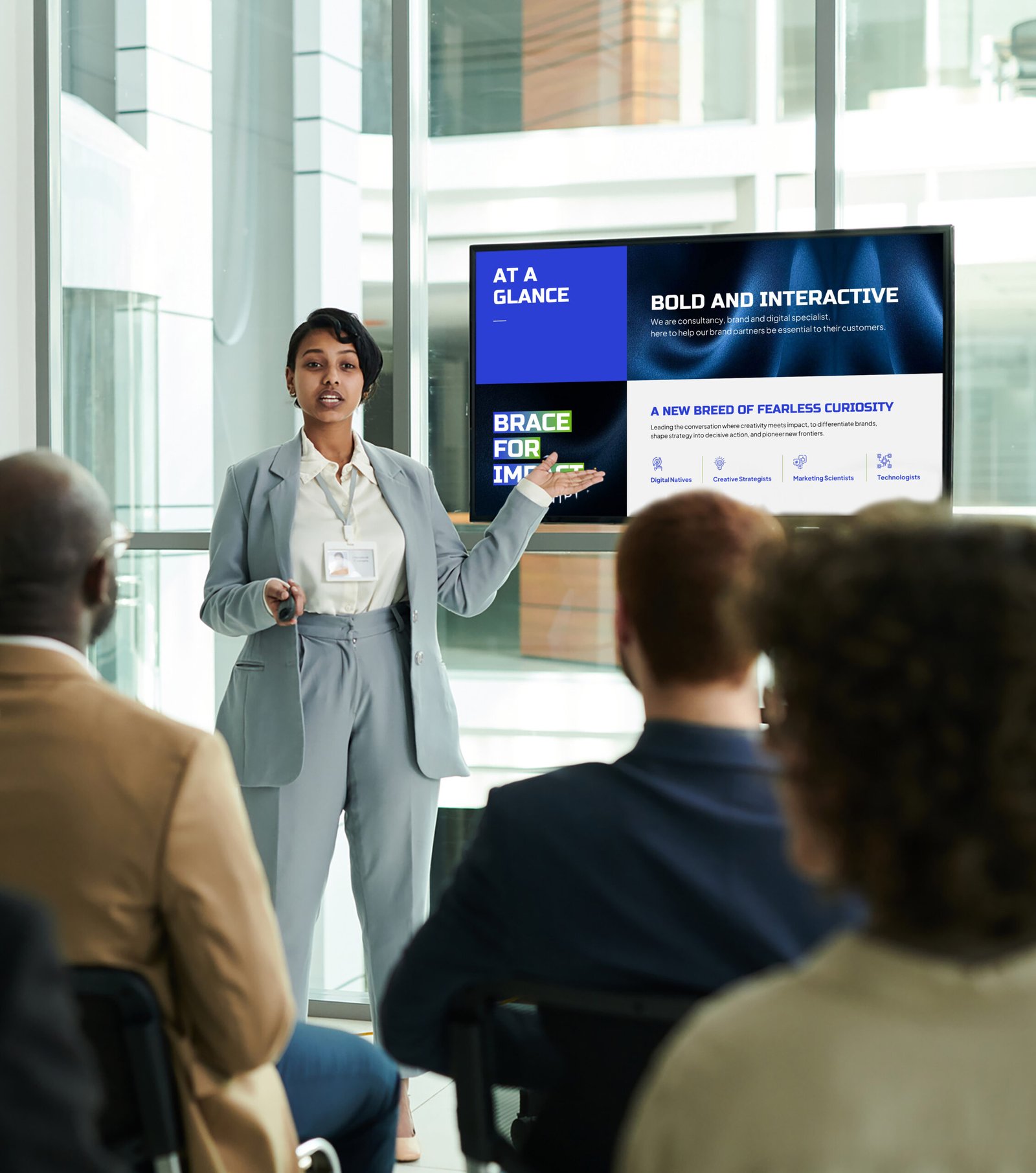 Professional business presentation by a market strategy expert in a well-lit conference room, showcasing the expertise of sophisticated presentation design services