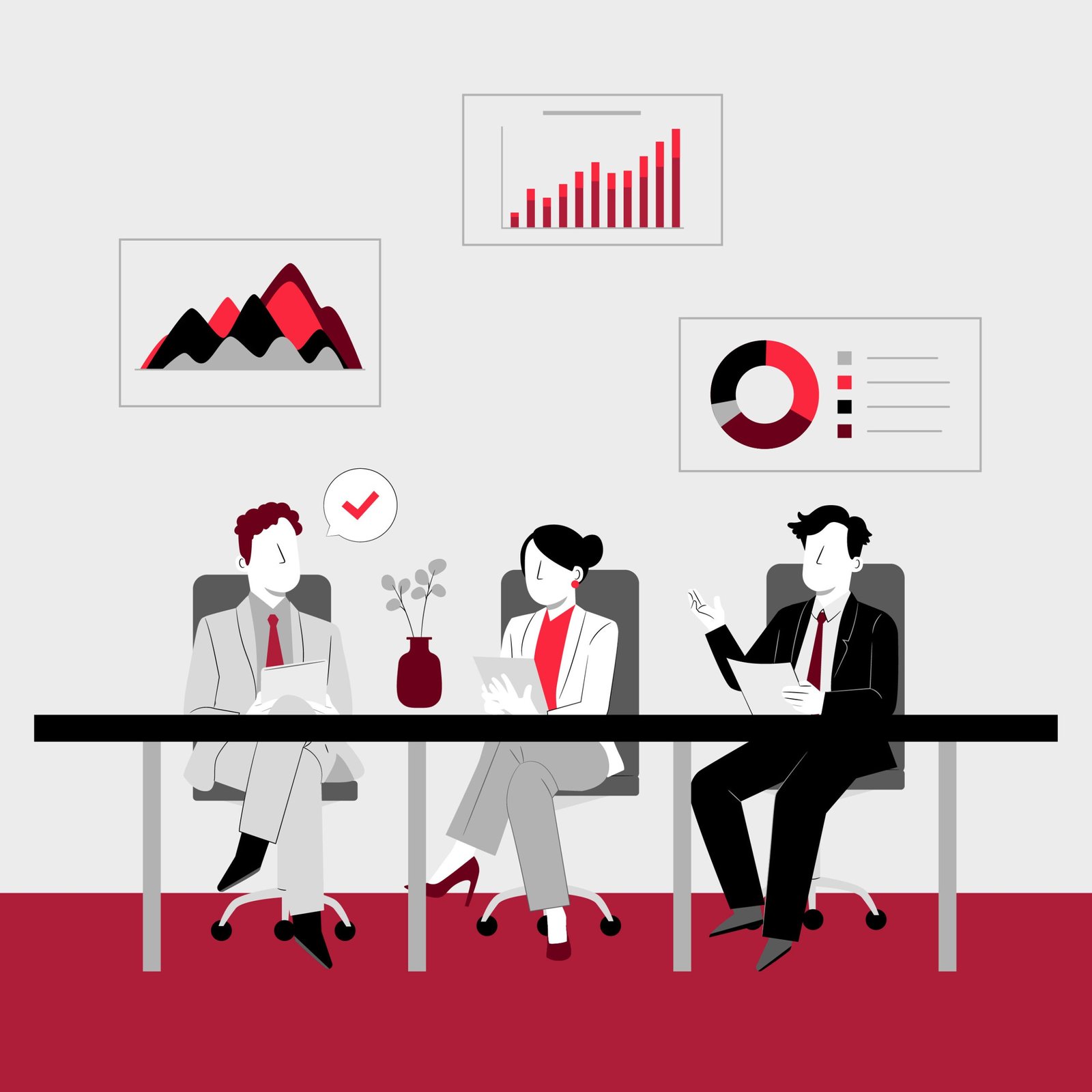 PowerPoint presentation design illustration of a business meeting with three professionals discussing at a table, backed by graphics of charts and performance metrics