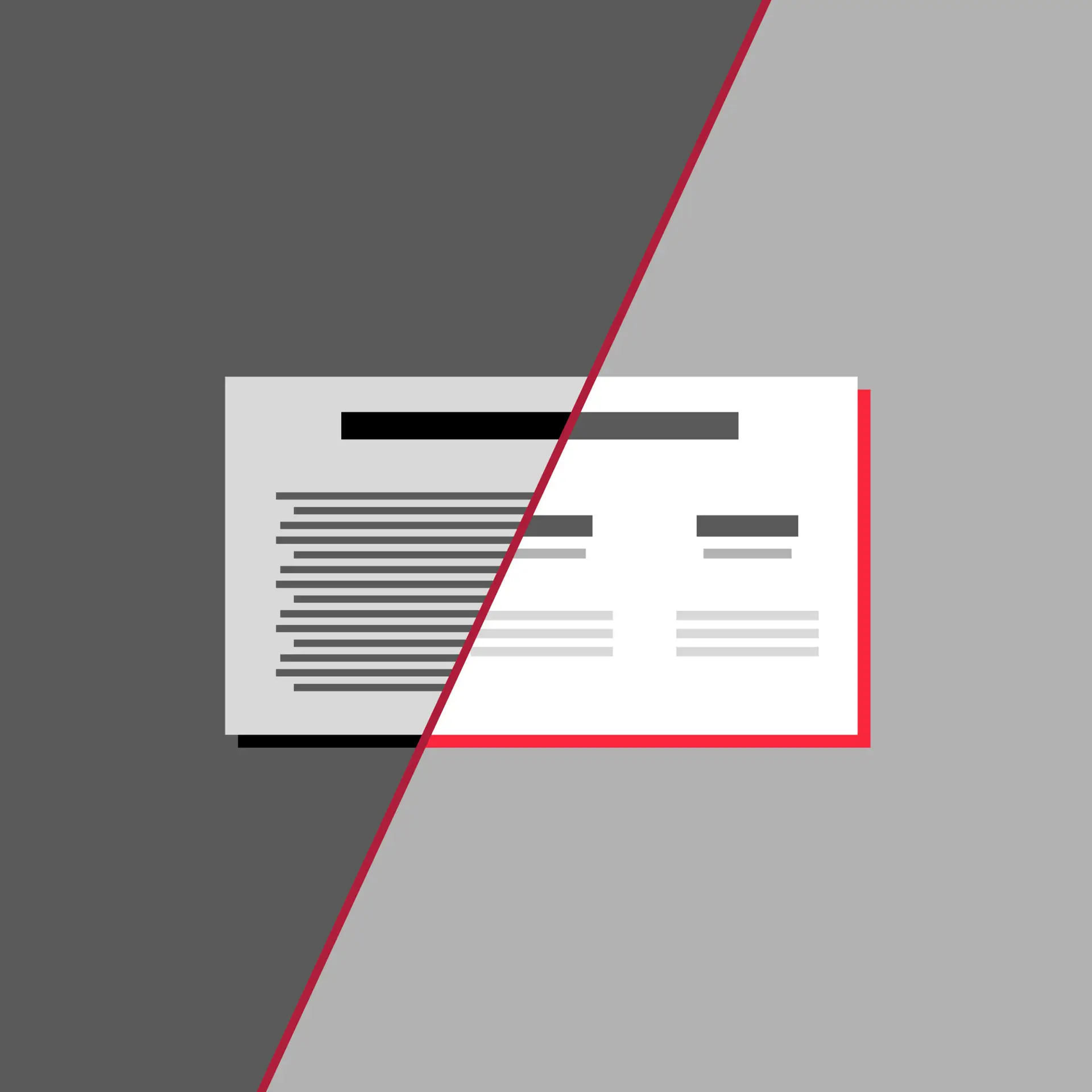 Icon of a document split diagonally, depicting the transformation from a plain text format to a structured presentation design, ideal for slide layouts.