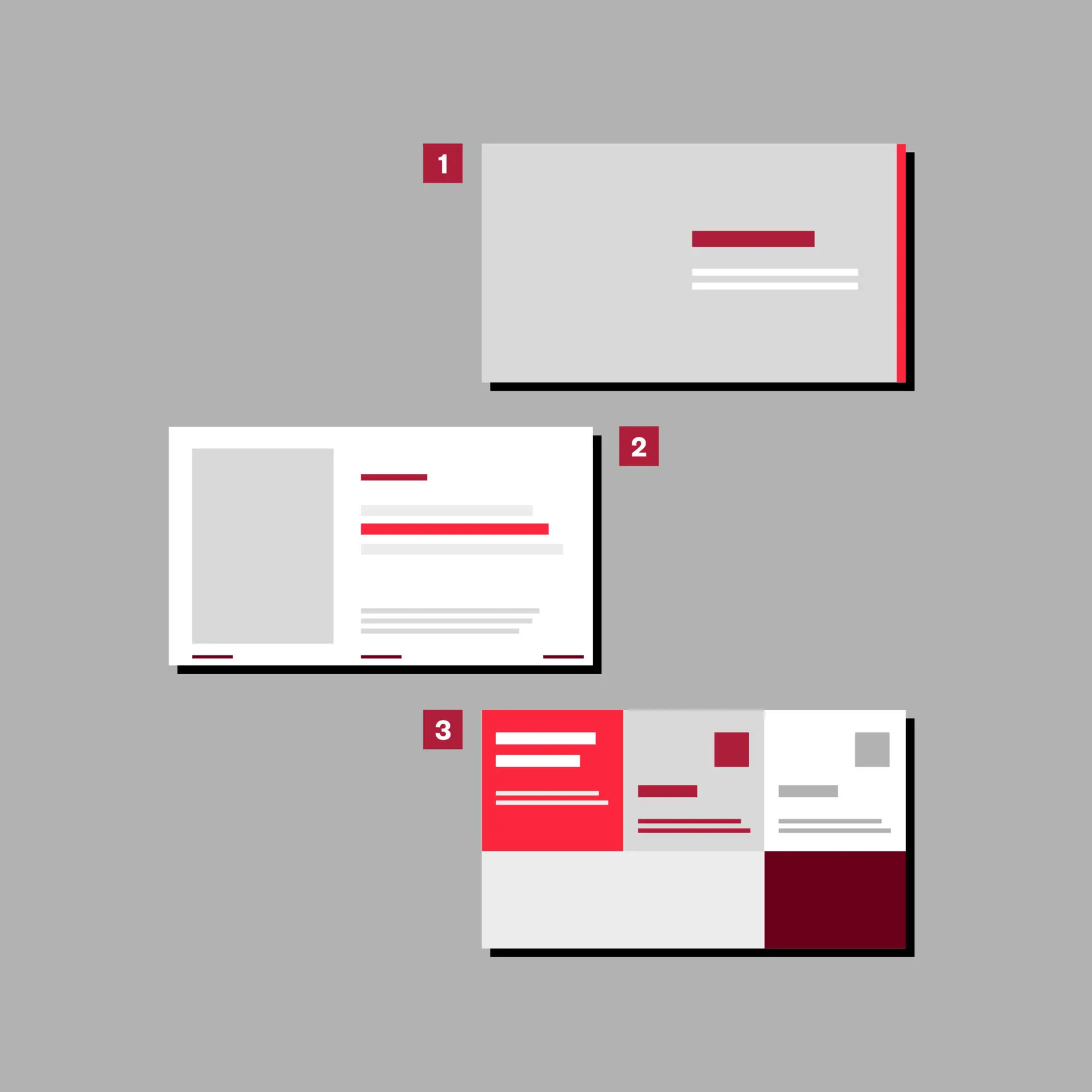 Three distinct PowerPoint presentation design options numbered for clarity, each showing different arrangements of text and visual elements for effective presentation