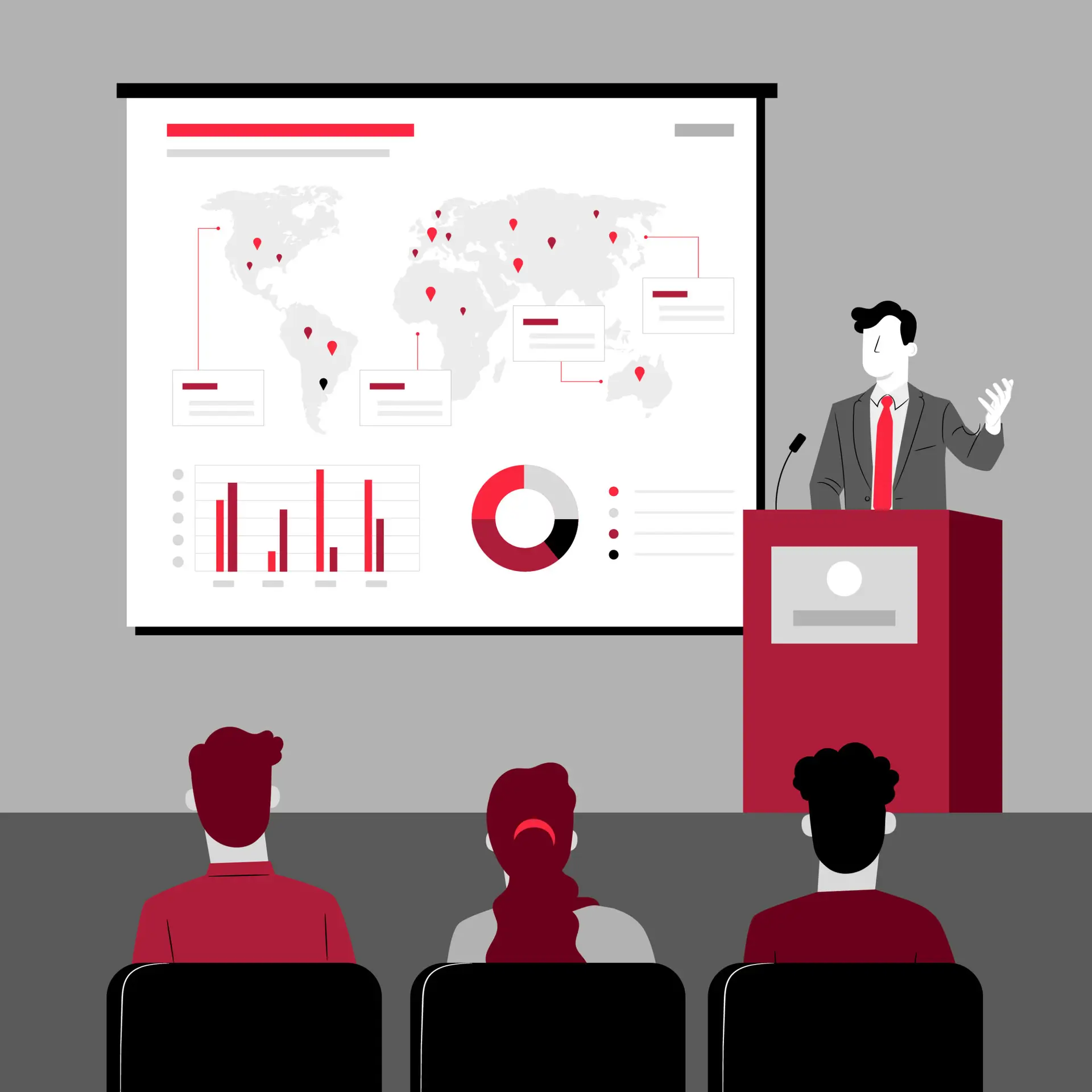 Illustration of a business presentation at a conference, featuring a speaker at a podium and a large slide design behind him displaying global data and charts.