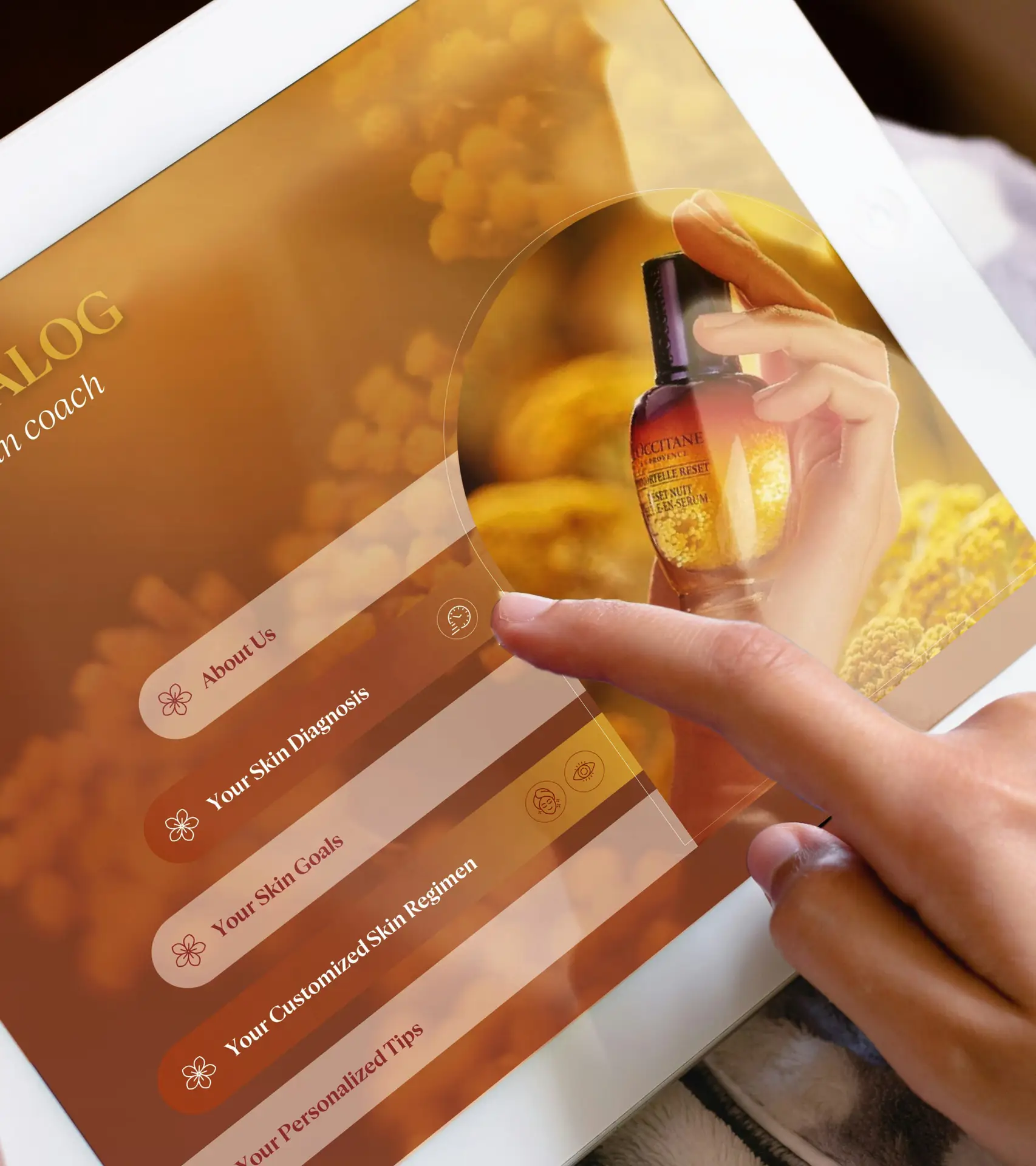 A user navigates through a digital presentation on a tablet, showcasing personalized skincare products with interactive design elements from skilled powerpoint design services