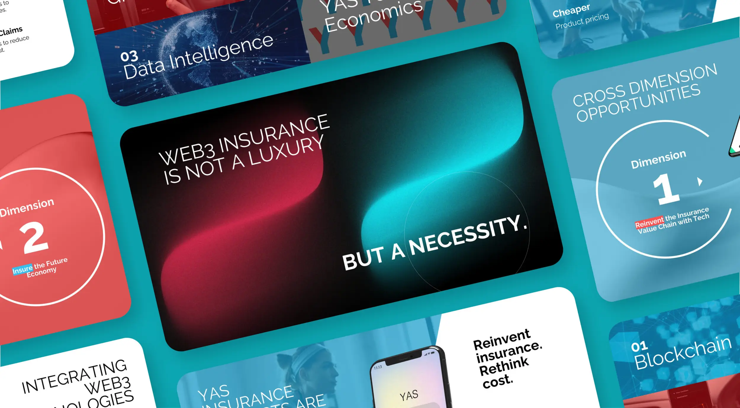 A presentation design emphasizing the necessity of Web3 insurance, featuring visually engaging elements with sections on data intelligence, blockchain, and cross-dimension opportunities for an innovative approach to insurance.