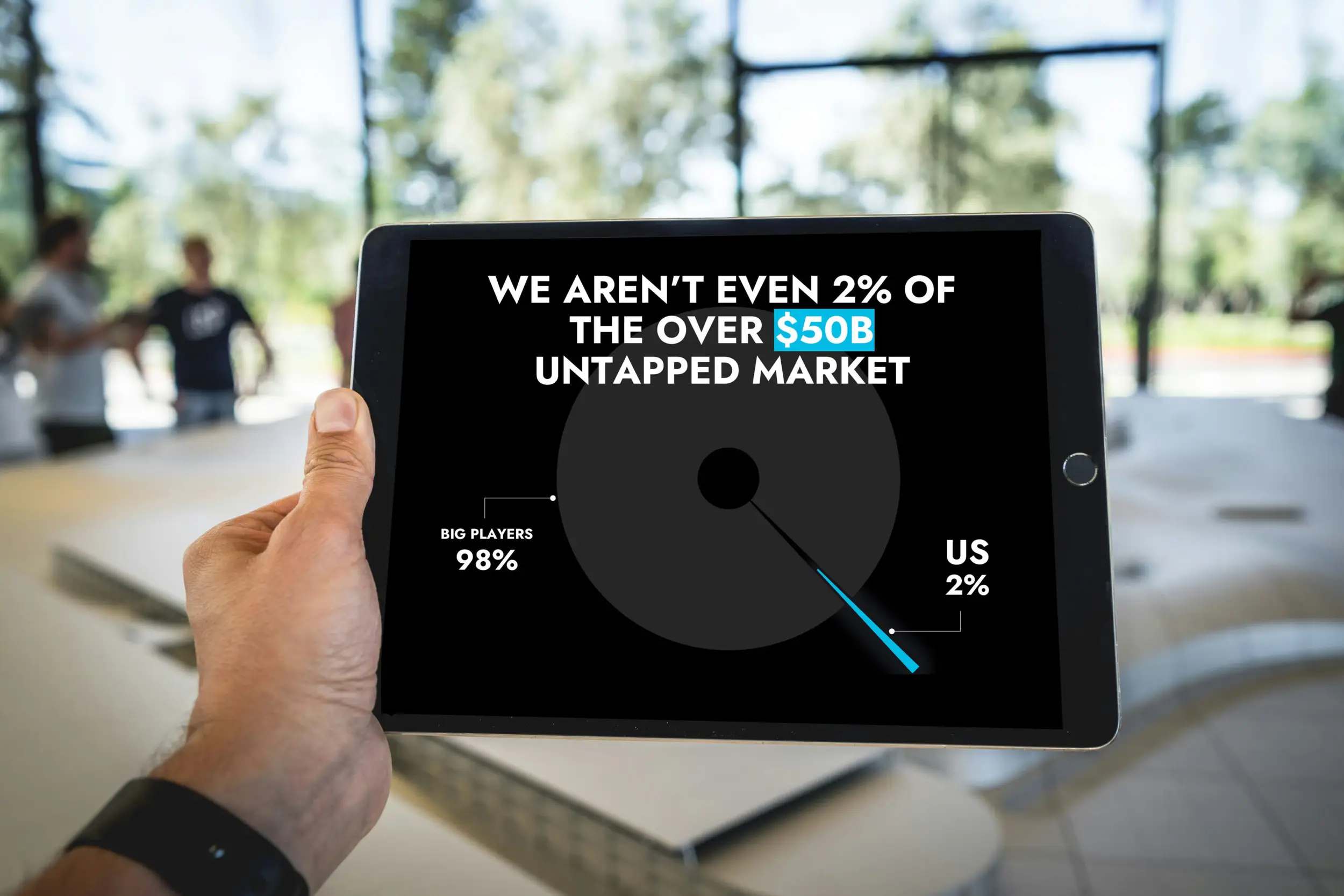 A compelling sales presentation slide displayed on a tablet, utilizing minimal text and strong visual aids like a pie chart graphic to engage the audience and enhance memorability