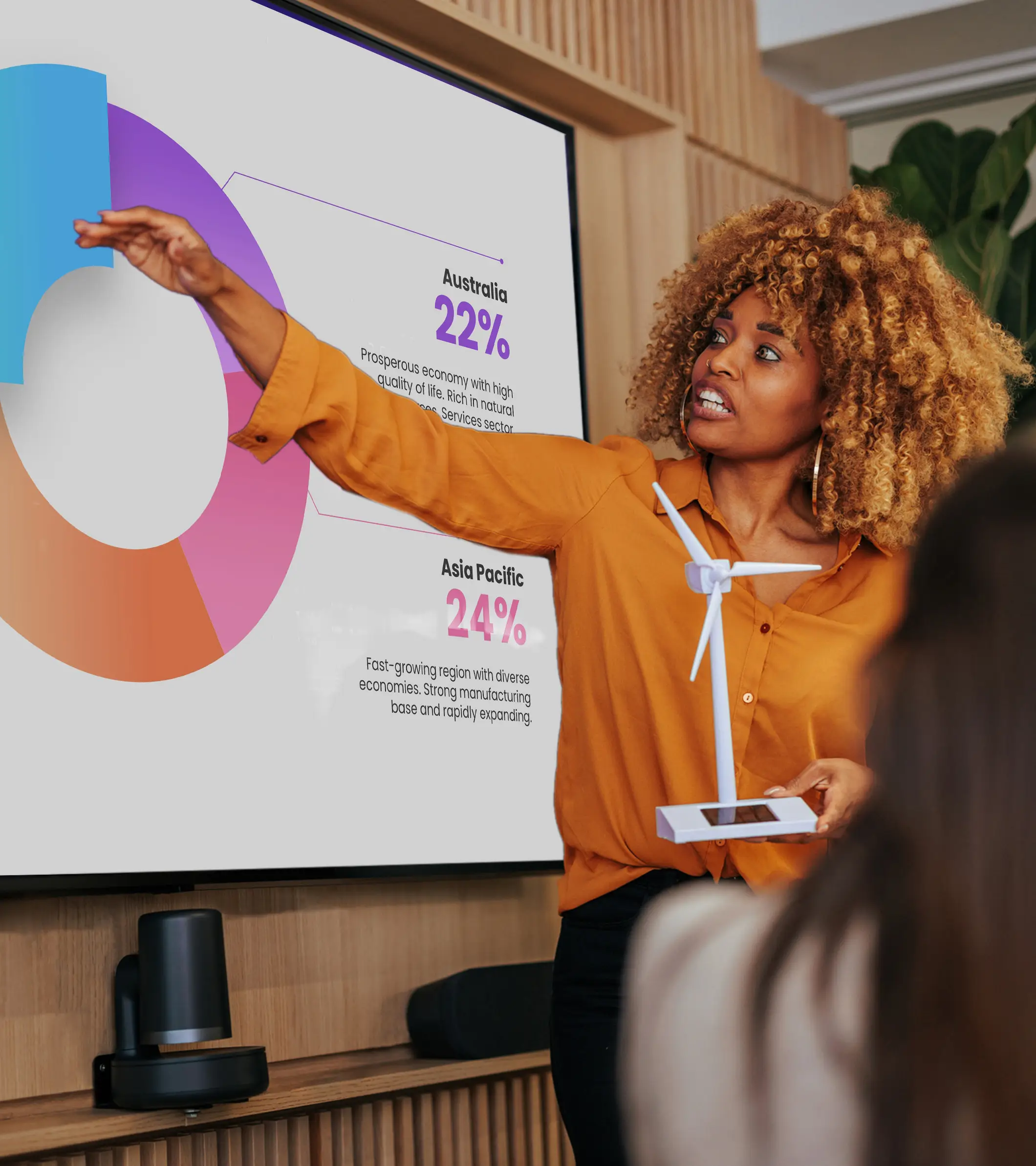 A professional presents clean data visualizations and sustainability insights, showcasing how expert presentation design services can elevate clarity, engagement, and storytelling impact.