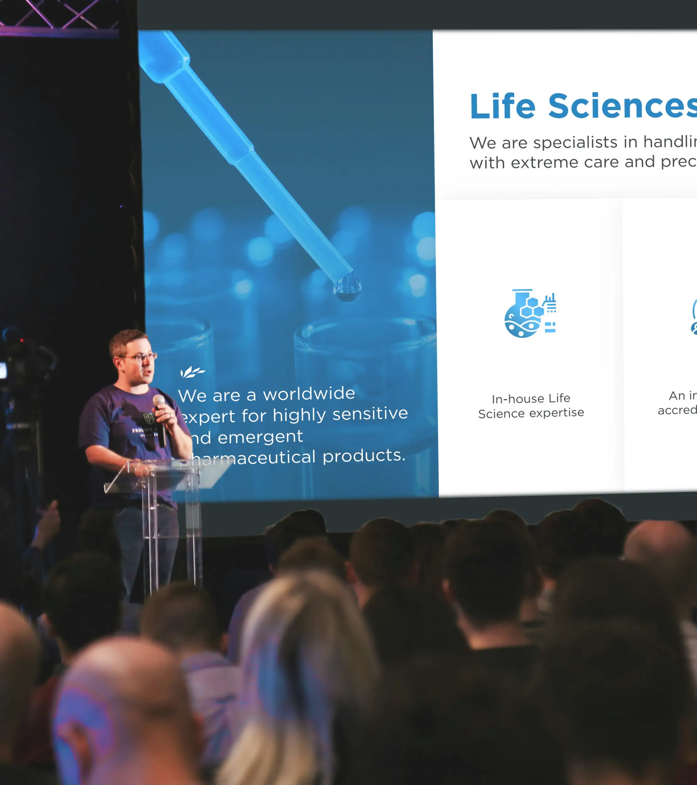 Medical presentation highlighting life sciences expertise and data points, delivered through polished presentation design services.