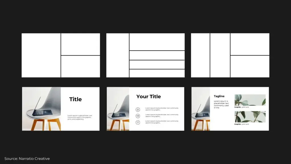 layout combo with top/ bottom and left/ right business presentation layouts three example
