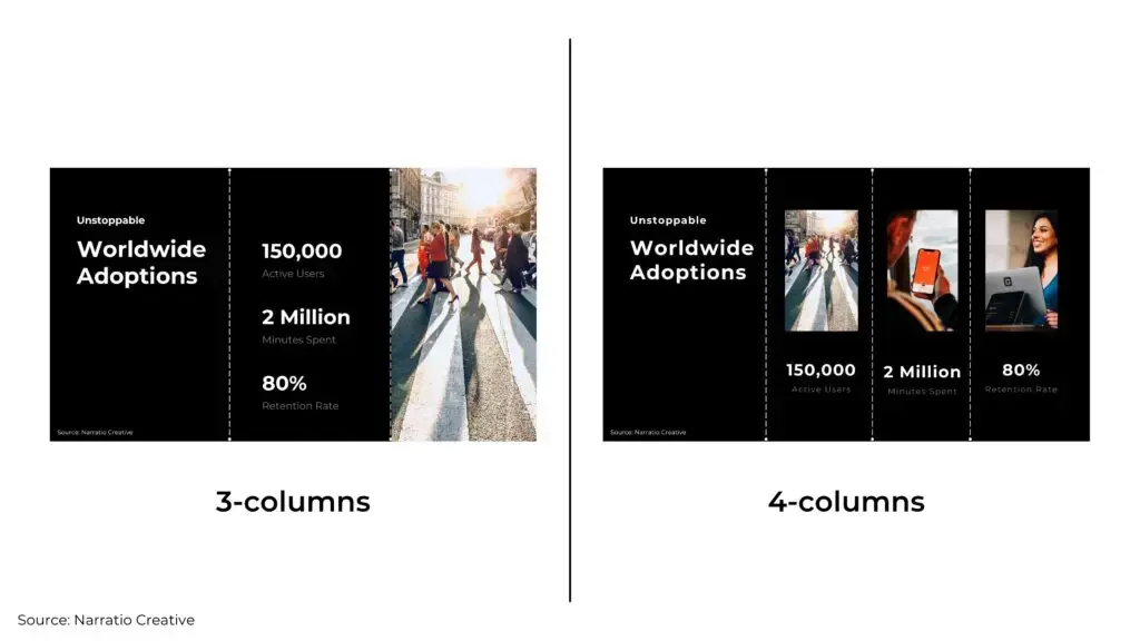 left/ right business presentation layouts example 3 columns or 4 columns