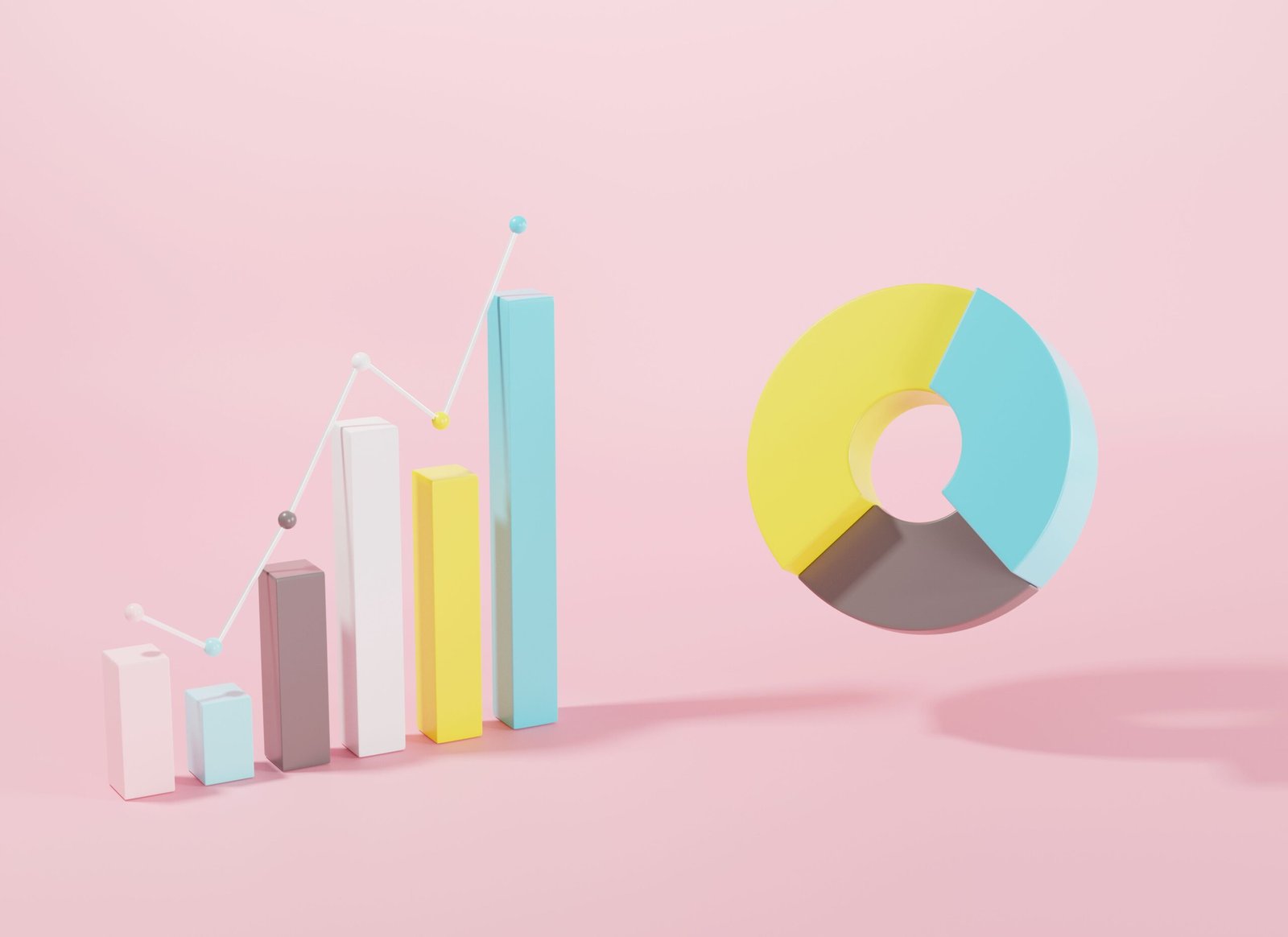 3D bar chart, line chart and pie chart in pastel colors on pink background.